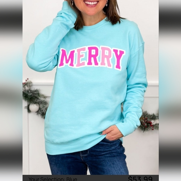 Southern Bliss Merry Blue Pink Graphic Ctewneck Sweatshirt - Picture 2 of 7